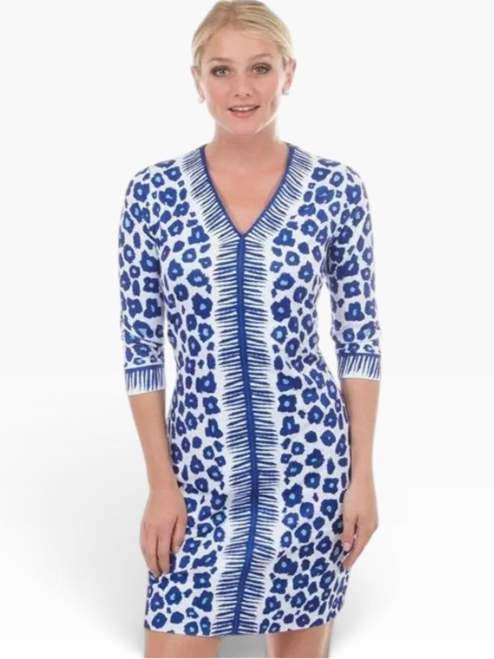 Gretchen Scott Navy and White Wildcat 3/4 Sleeve Border Town Dress Size Small